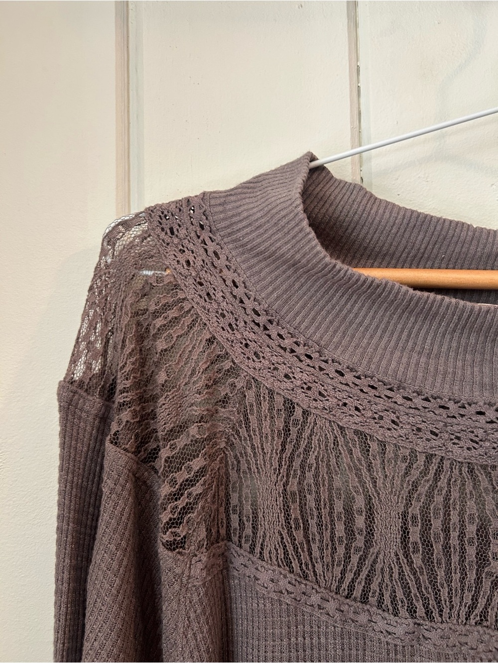 Free People Taupe Lace waffle knit Long Sleeve Top - Picture 3 of 7